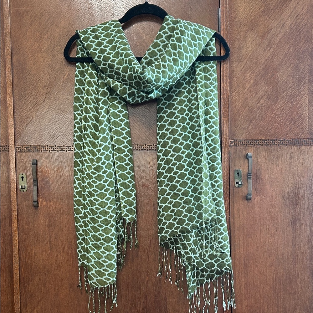 Woman’s fashion scarf green repeating print fringe trim wide wrap.